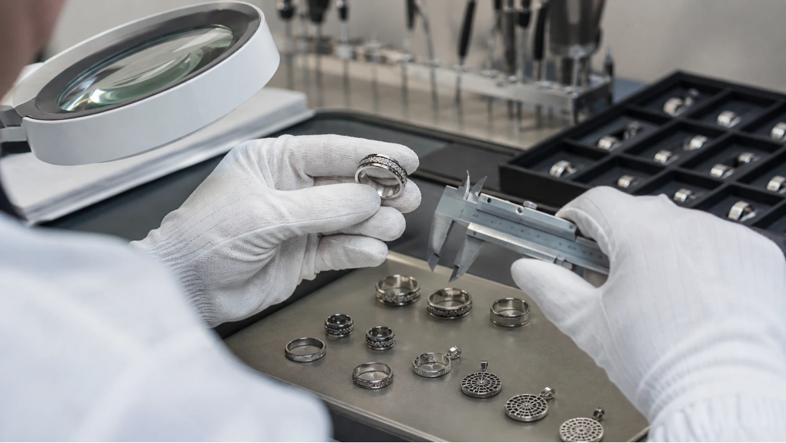 Technician inspecting stainless steel rings and pendants with a magnifier and caliper at a quality-control workstation.
