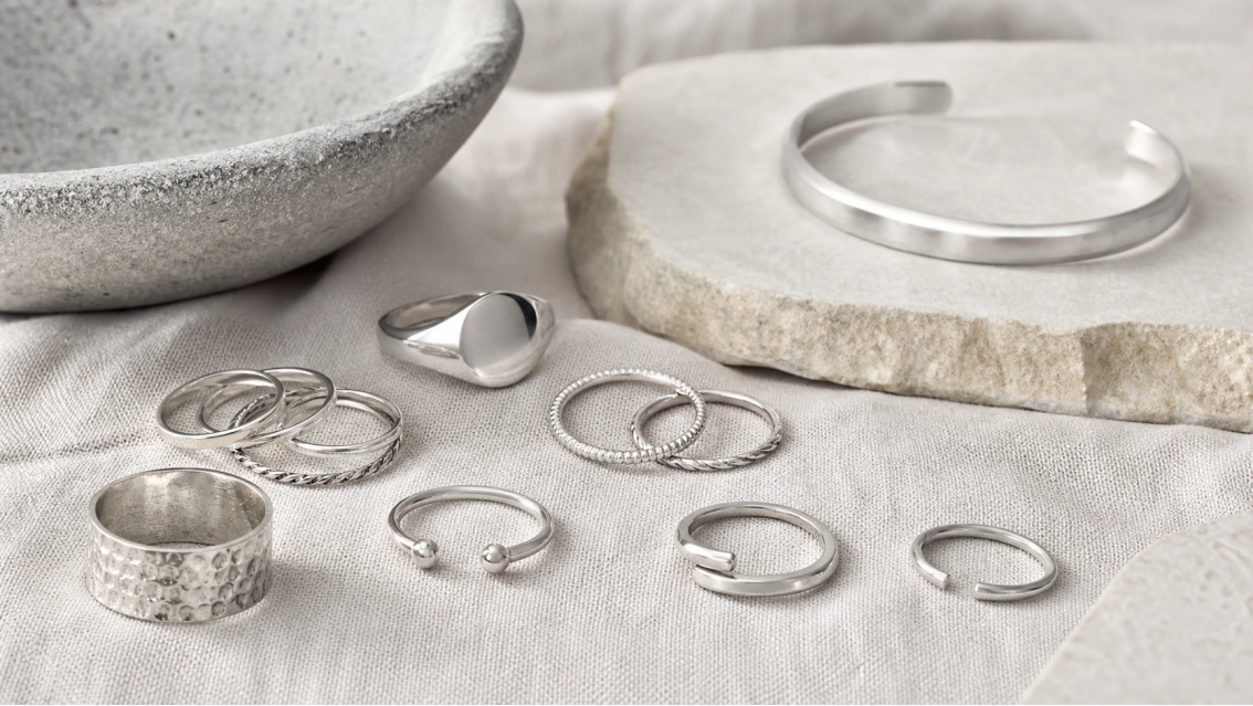 Original stainless steel stackable ring collection on neutral linen with smooth, textured, open, and statement bands.