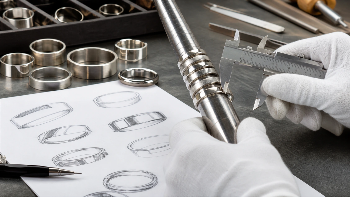 Gloved technician measuring stackable rings on a mandrel with a caliper and ring-design drawings.