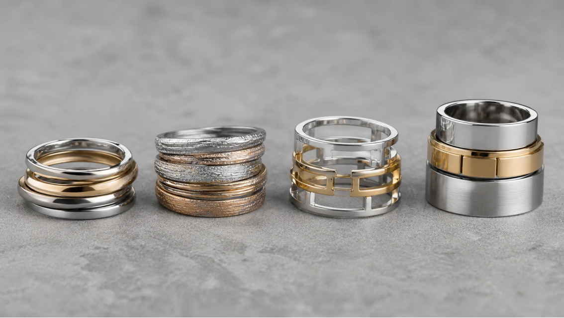 Original stackable ring families showing smooth, textured, geometric, and wide statement band designs.