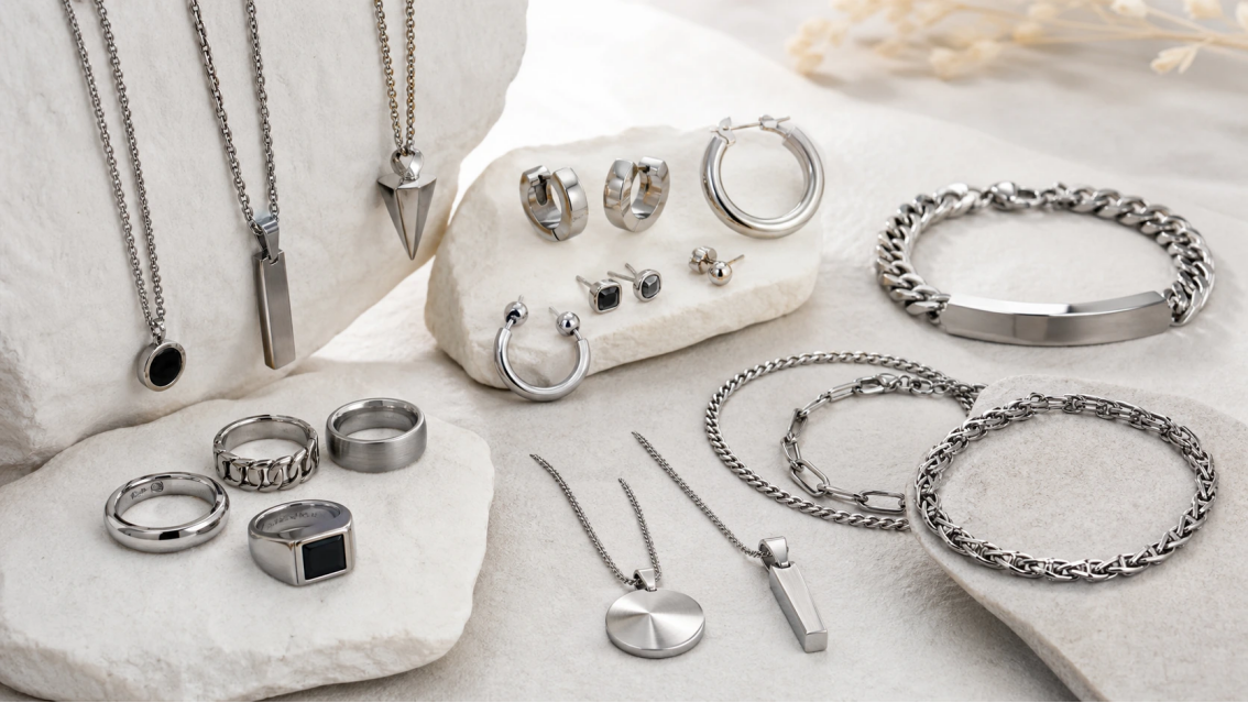 Original stainless steel everyday jewelry categories including rings, necklaces, earrings, bracelets, and pendants.