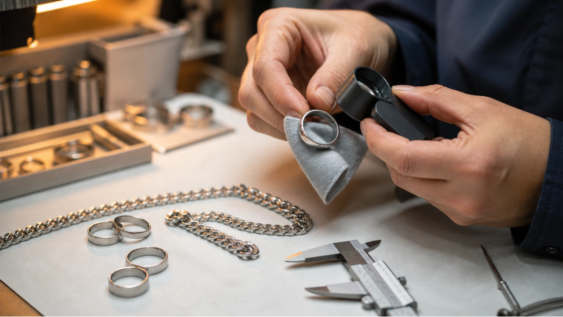 Technician checking a stainless steel ring and chain with a cloth, magnifier, and caliper at a jewelry workbench.