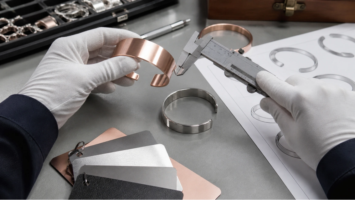 Gloved technician inspecting stainless steel and silver jewelry samples with calipers, material cards, and technical drawings.