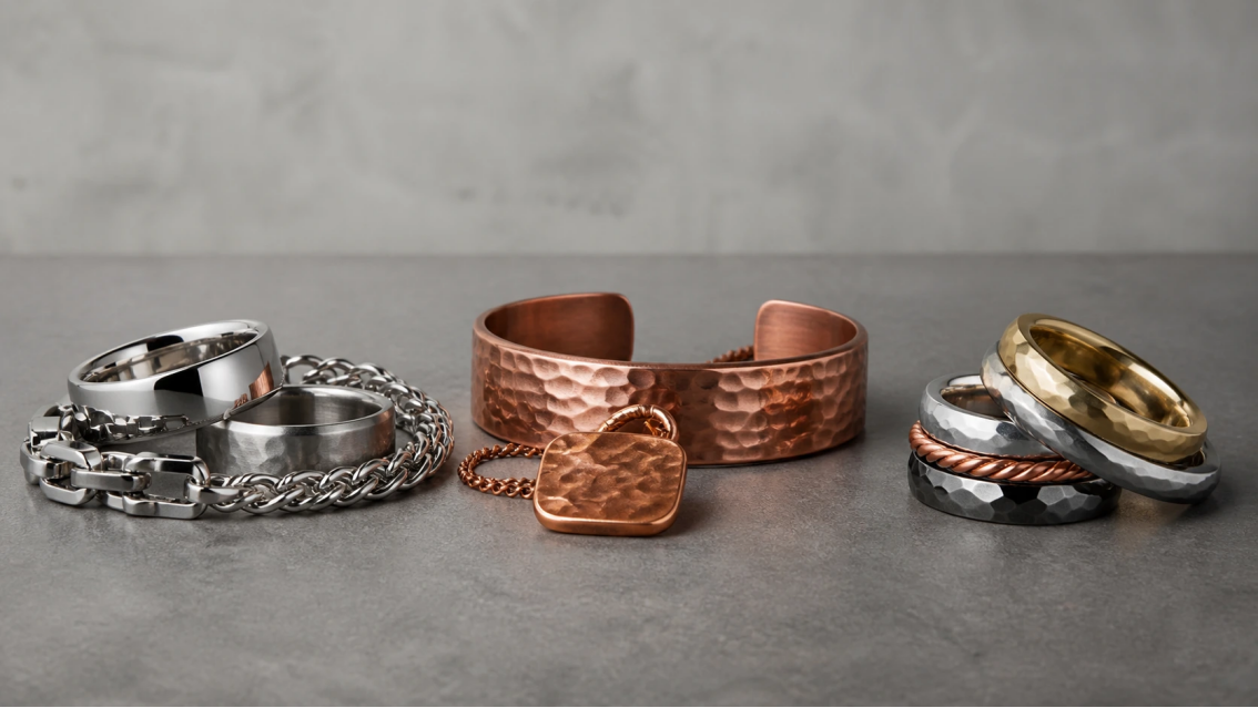 Original stainless steel and sterling silver jewelry groups showing different finishes, forms, and commercial positioning.