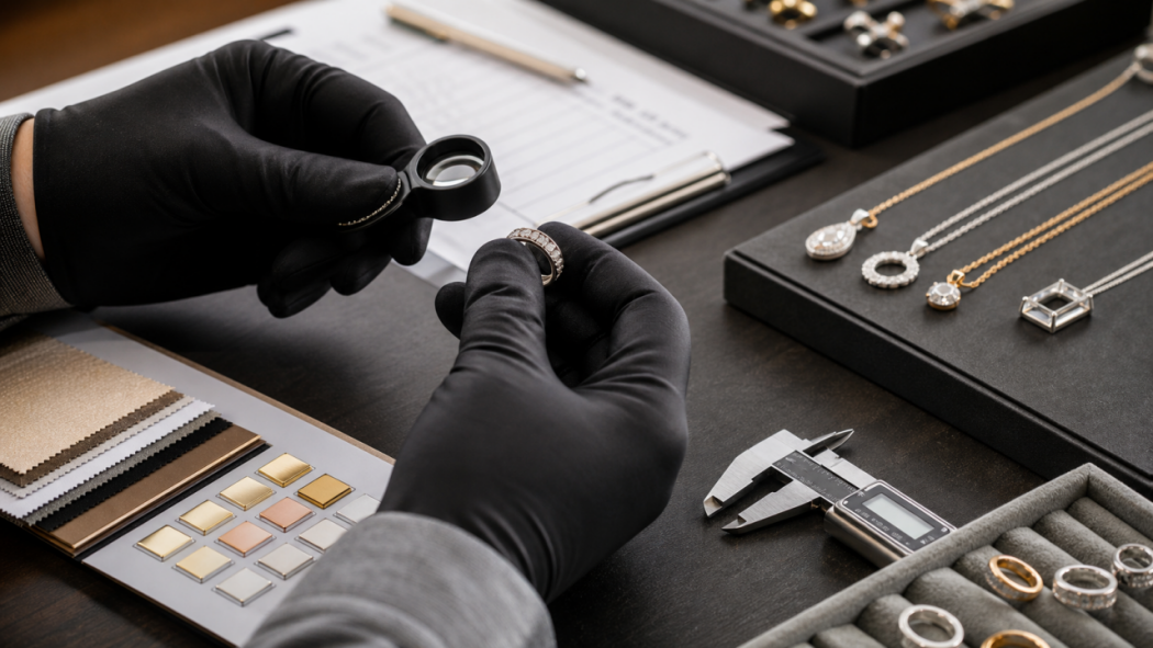 Jewelry quality control specialist inspecting a ring sample with a loupe and caliper |