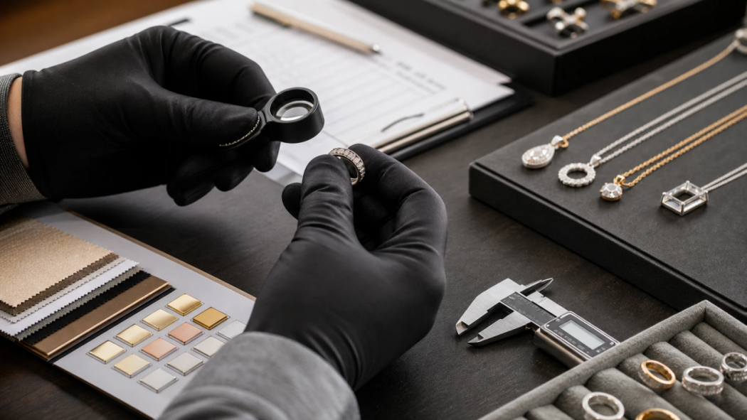 Jewelry sample inspection with a loupe, caliper, finish swatches, and product references