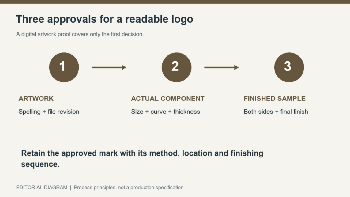 Logo approval diagram connecting artwork, actual-size component and finished marked sample