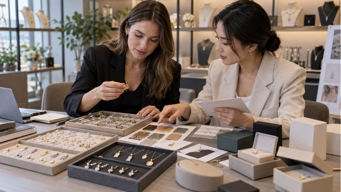 Jewelry merchandiser selecting adaptable designs, finishes, logo cards and packaging with a developer