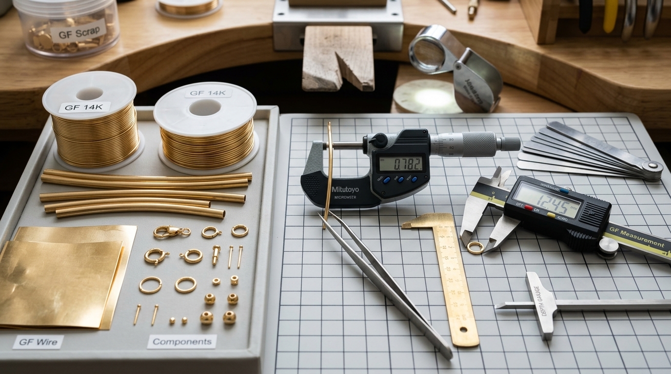 Gold bonded material and jewelry components shown beside measurement tools