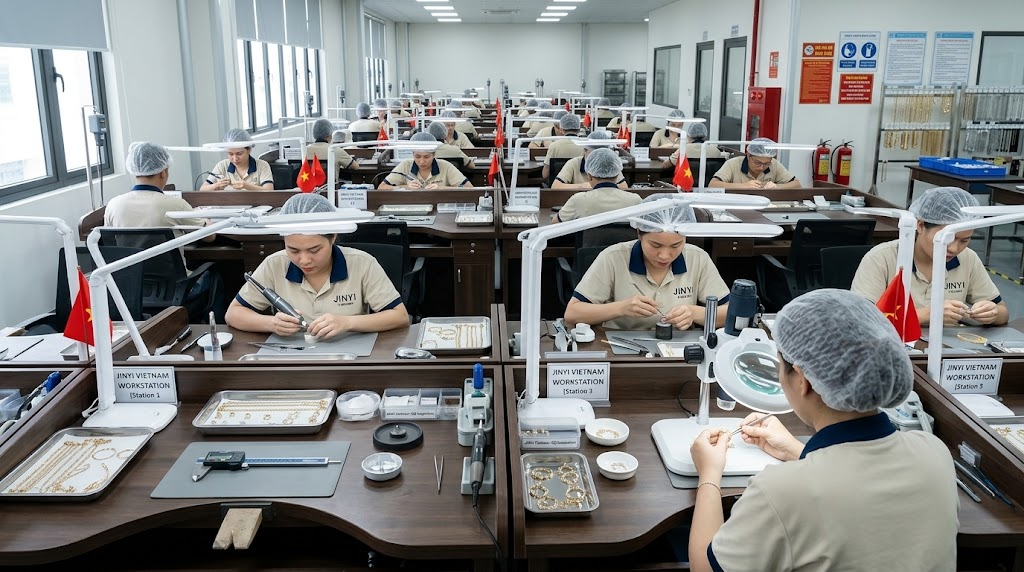 Company-provided precision jewelry workstations associated with JINYI Vietnam operations