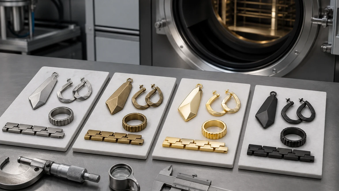 Stainless steel and brass jewelry components shown across unfinished, gold, and dark surface finishes