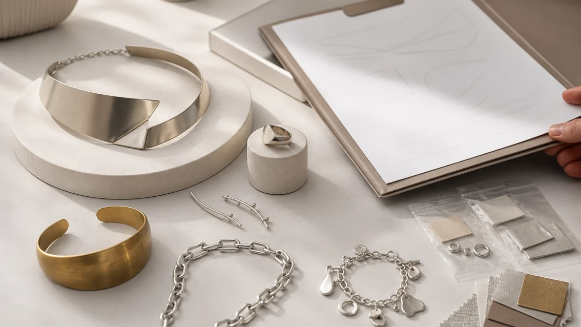 Original multi-material jewelry collection arranged with specification samples for B2B buyer review