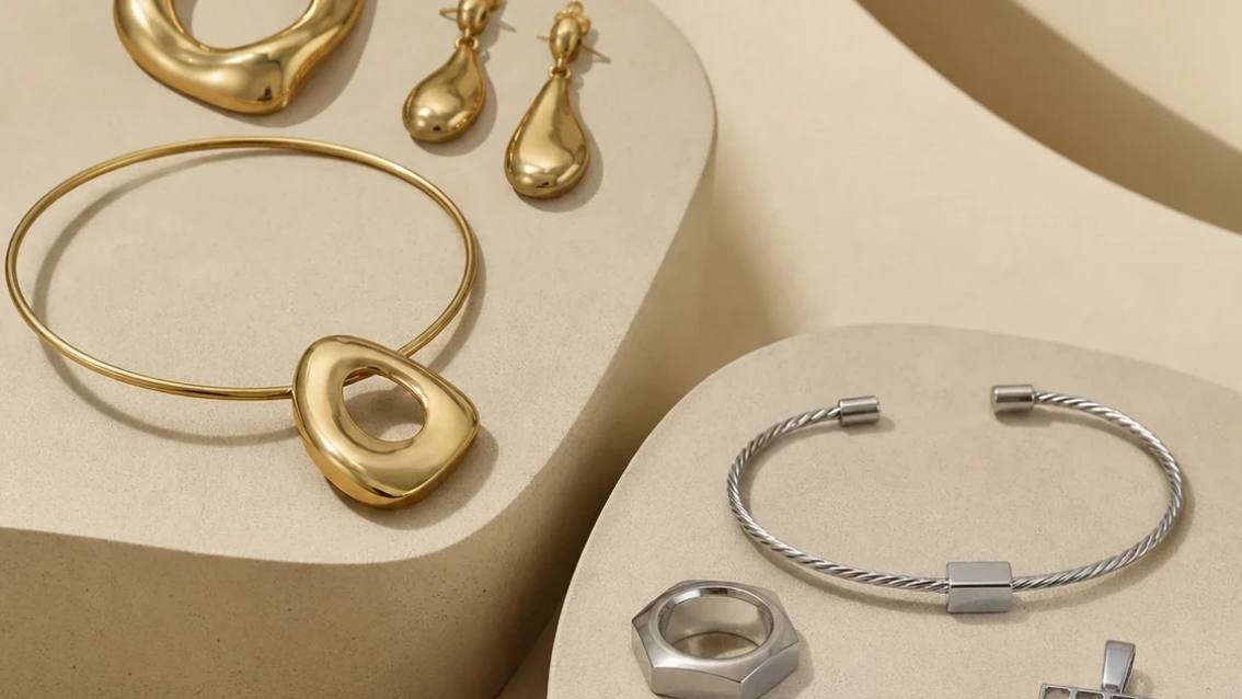 Gold-tone organic cast jewelry and silver-tone geometric stainless steel pieces arranged on sculptural plinths