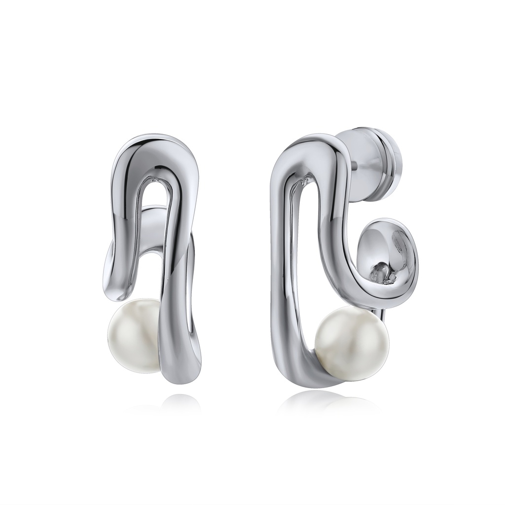 [BJ01E0527] Abstract Silver Drop Earrings with Pearl Accent