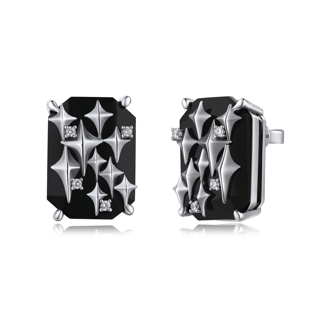 [BJ01E0219] Black Geometric Stud Earrings with Sparkling Star Detail