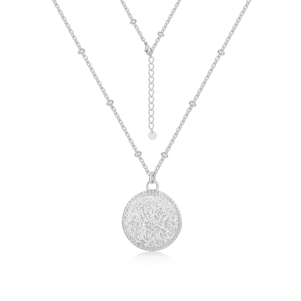Elegant Silver Stainless Steel Round Pendant Necklace with Sparkling Texture