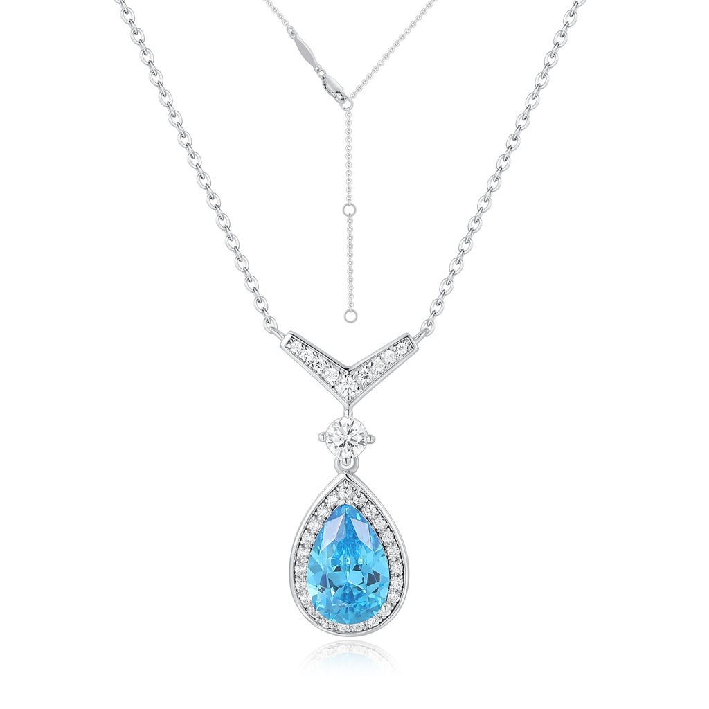 Elegant Silver Stainless V-Bar Teardrop Blue CZ Halo Pendant Necklace