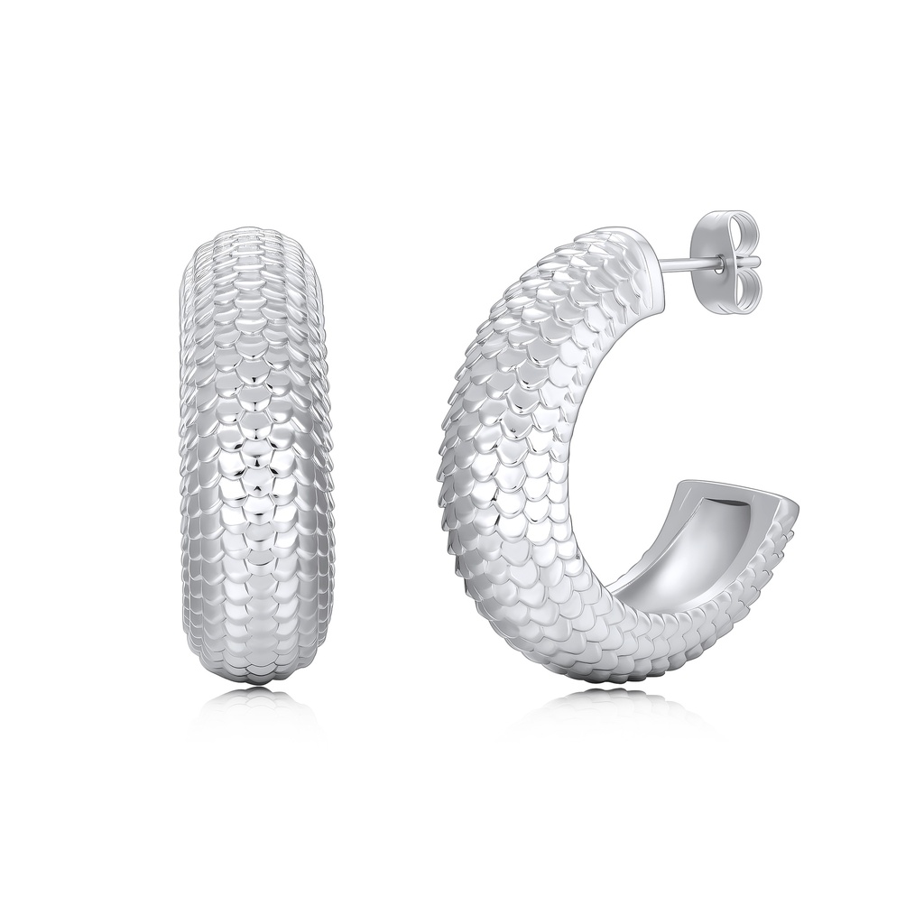Elegant Silver-Tone Hoop Earrings with Textured Scales Design Finish