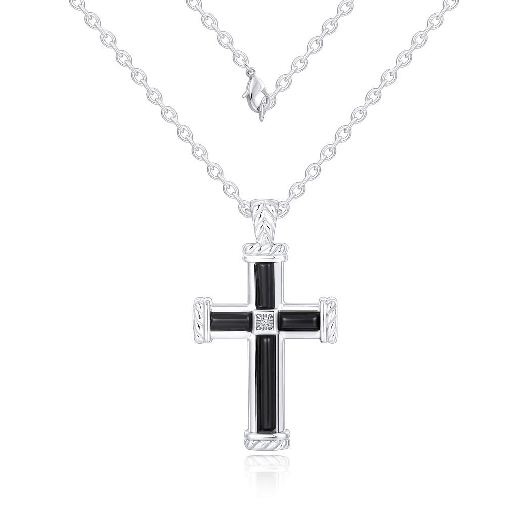 Elegant Stainless Steel Black Cross Pendant Necklace with Diamond Accent