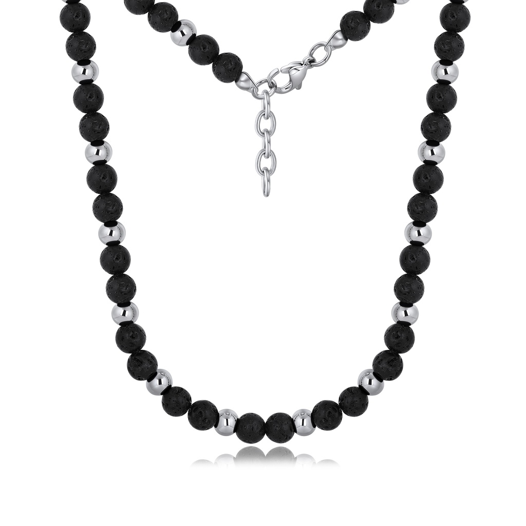 [DJ01N0020] Black Lava Stone Beaded Necklace with Polished Steel Accents