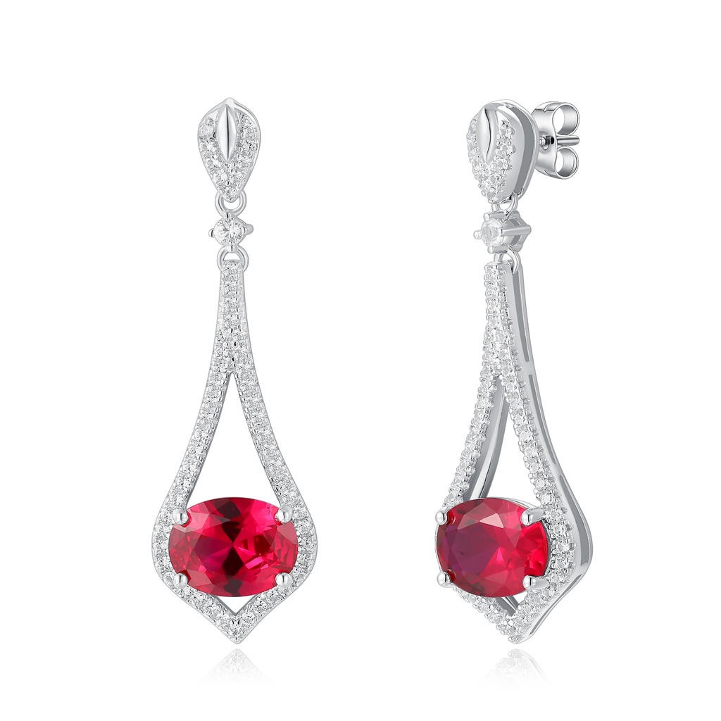 Elegant Stainless Steel Drop Earrings with Oval Red Crystals