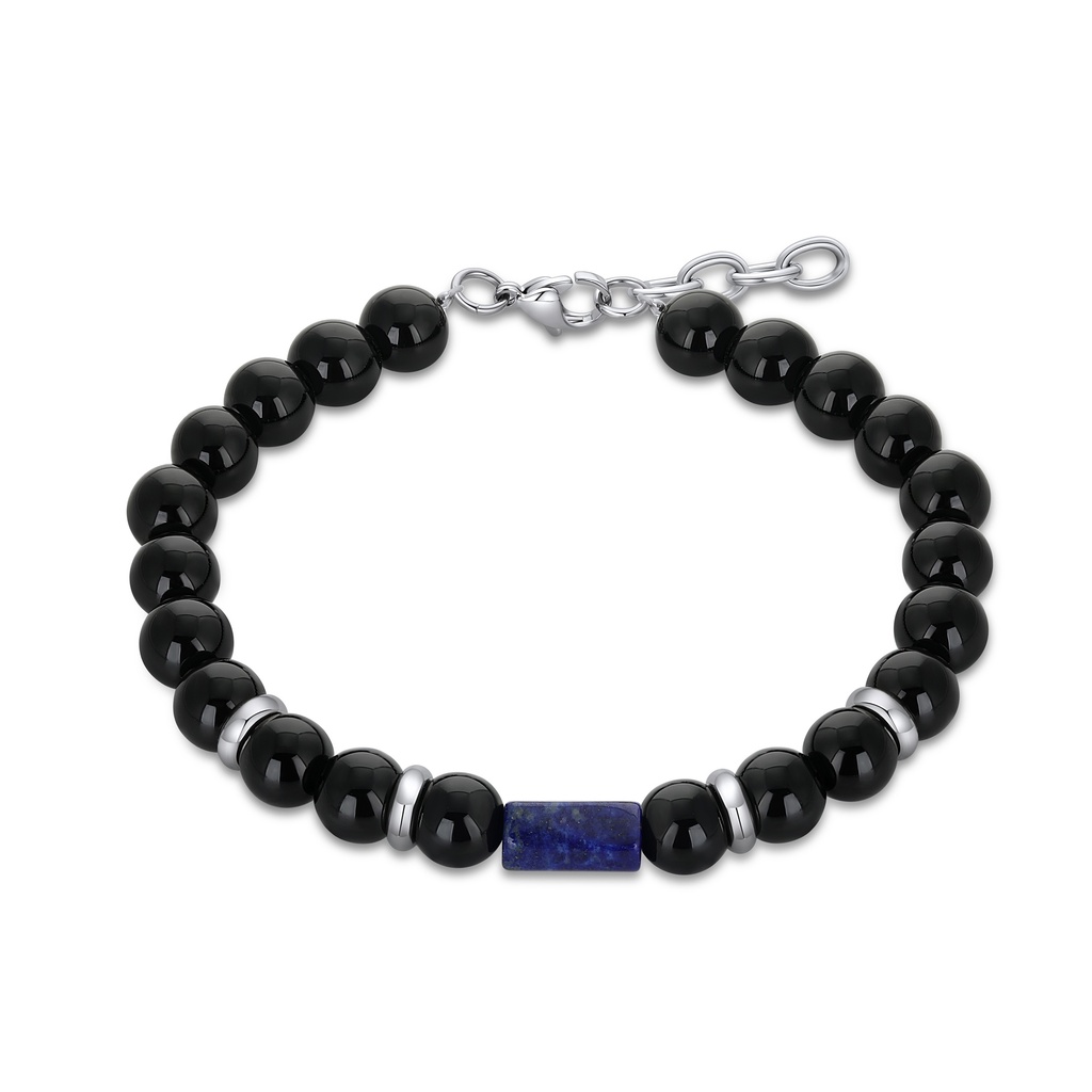[DJ02B0007] Black Onyx and Lapis Lazuli Beaded Bracelet with Stainless Steel Accents