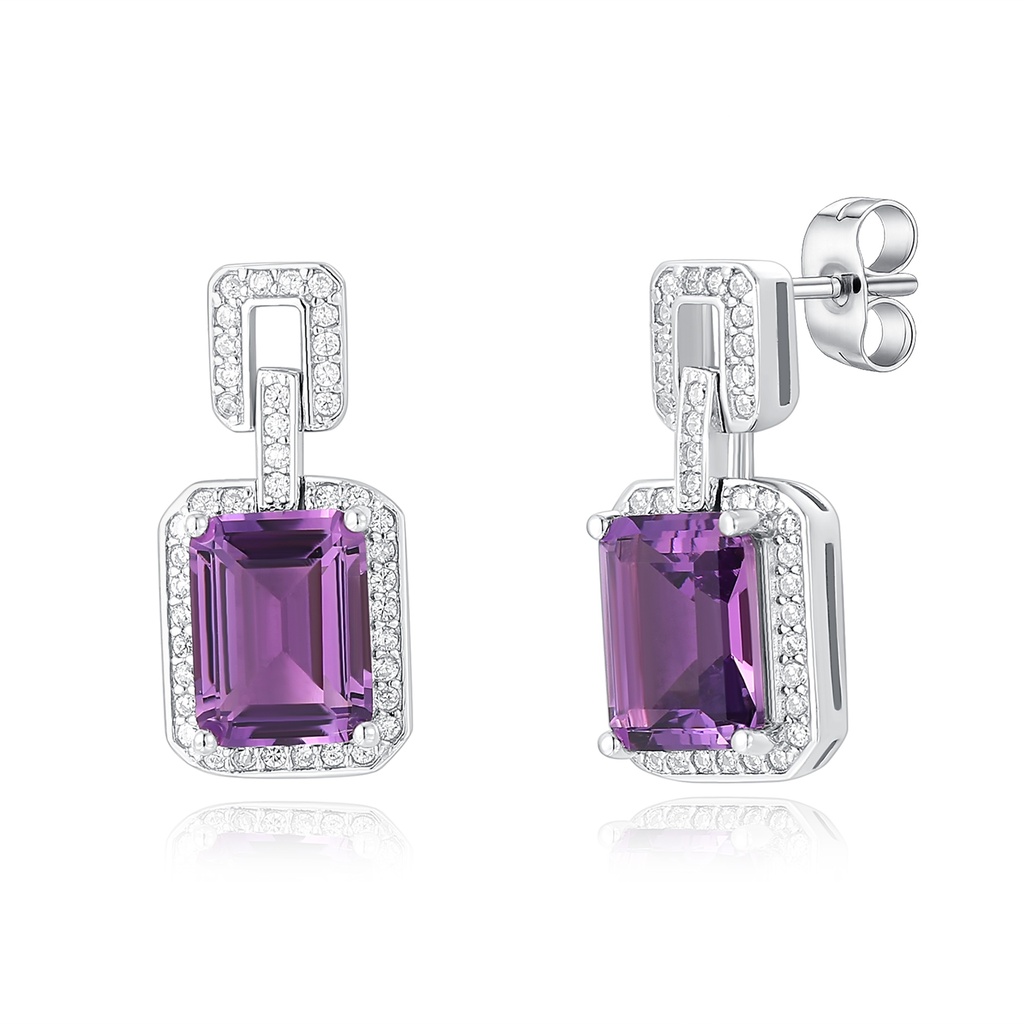 Elegant Stainless Steel Earrings with Purple Emerald-Cut Crystal Drops