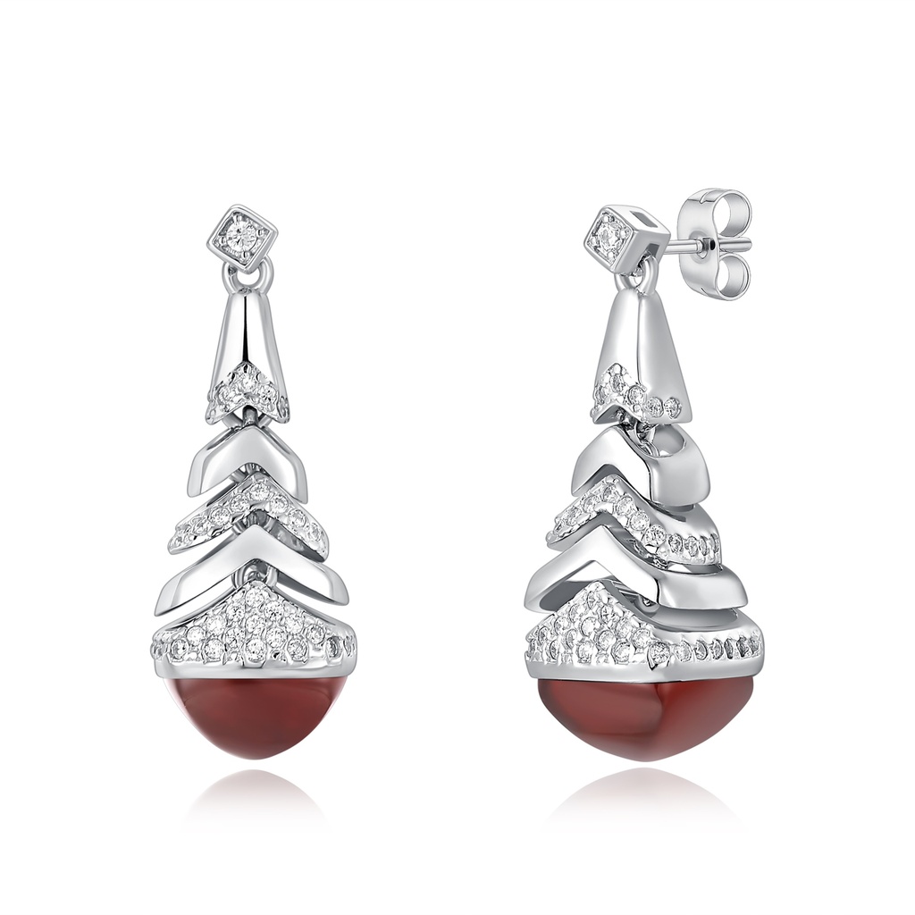 Elegant Stainless Steel Earrings with Red Gem and Crystal Accents