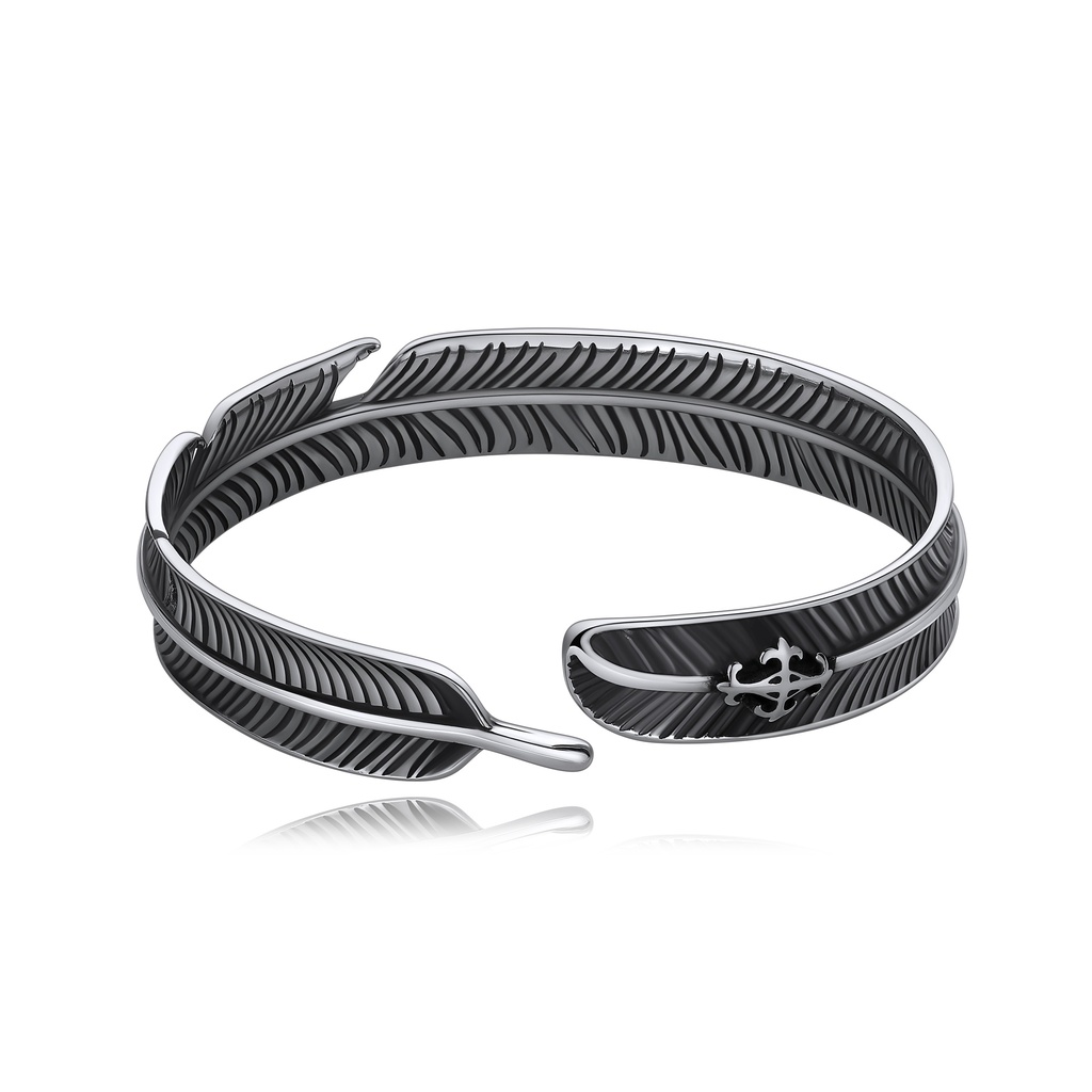 Elegant Stainless Steel Feather Cuff Bracelet with Decorative Charm