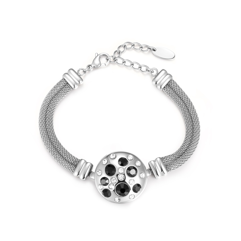 Elegant Stainless Steel Mesh Bracelet with Black and White Crystals