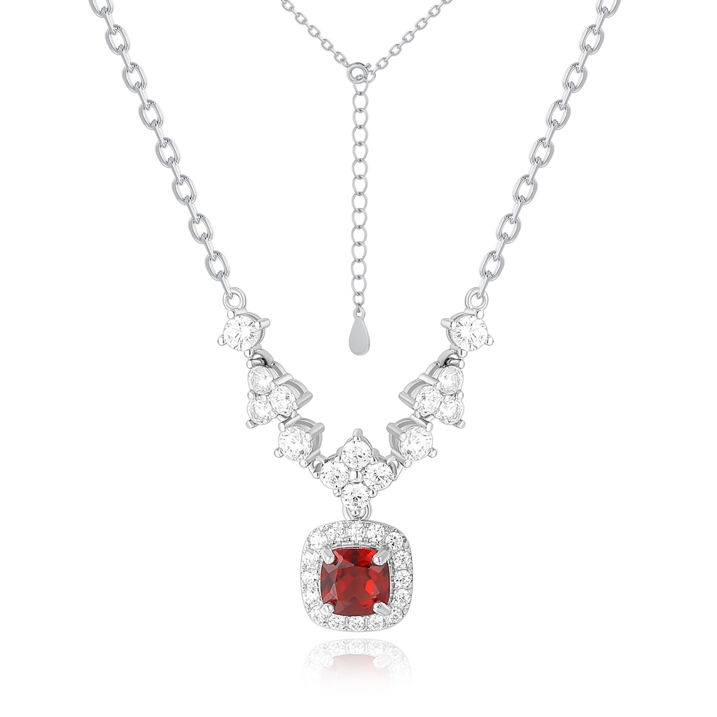 Elegant Stainless Steel Necklace with Cushion-Cut Red Crystal Pendant