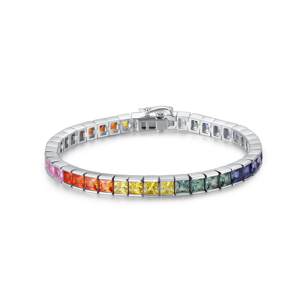 Elegant Stainless Steel Rainbow Bracelet with Square-Cut Color Stones