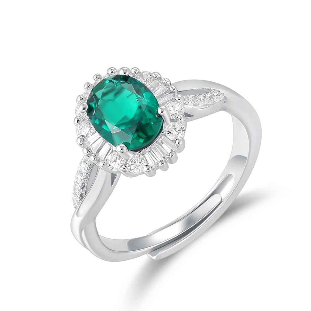 Elegant Stainless Steel Ring with Emerald Green Crystal and Diamonds
