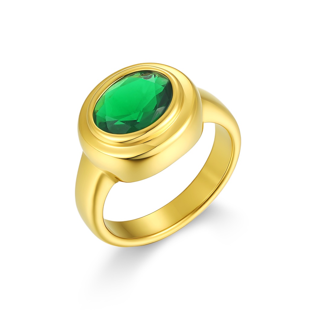 Elegant Stainless Steel Ring with Emerald Green Oval Stone