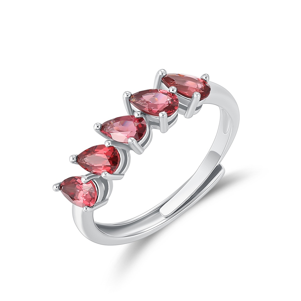 Elegant Stainless Steel Ring with Five Red Teardrop Crystals
