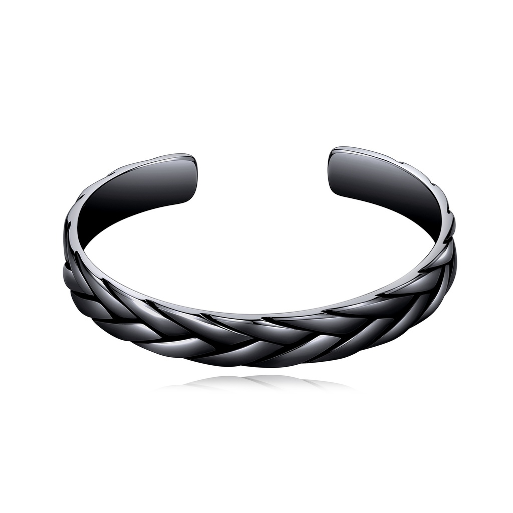 [DJ01B0100-1] Black Stainless Steel Braided Pattern Open Cuff Bangle Bracelet