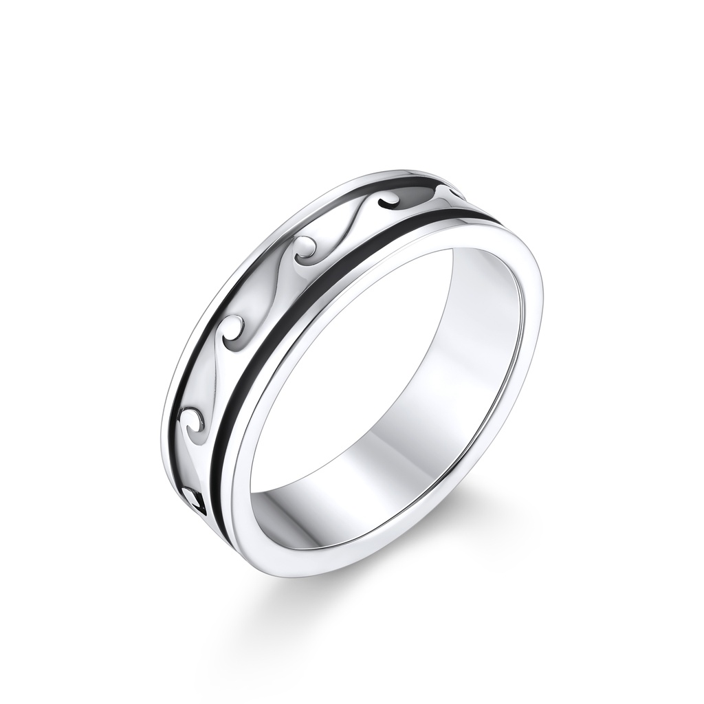 Elegant Stainless Steel Ring with Intricate Wave Design and Black Accent