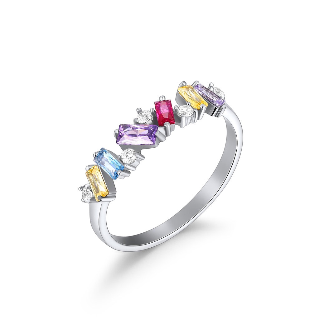 Elegant Stainless Steel Ring with Multicolor Crystal Accents and Diamonds