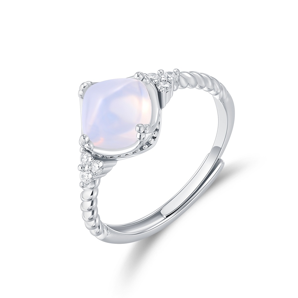 Elegant Stainless Steel Ring with Opalescent Stone and Diamond Accents