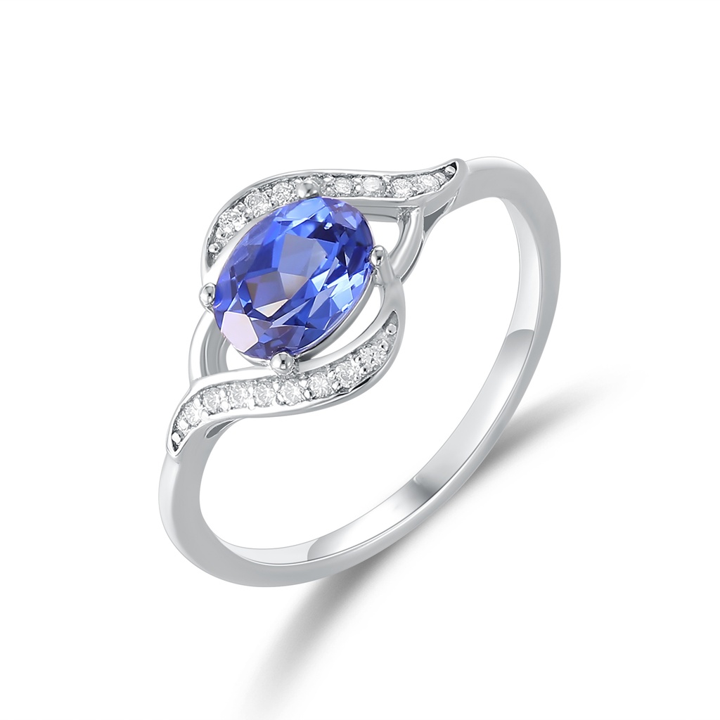 Elegant Stainless Steel Ring with Oval Blue Stone and Sparkling Crystals.