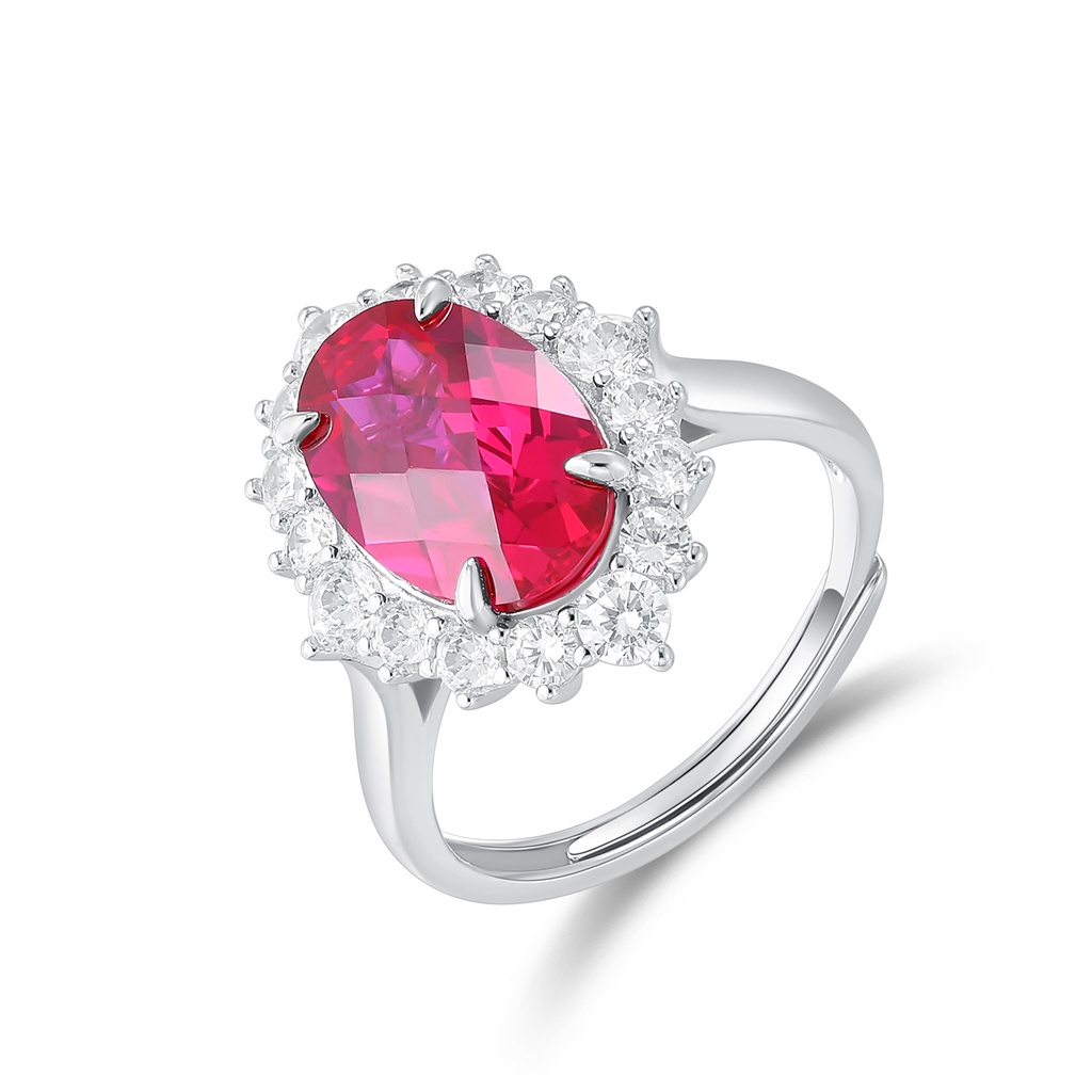 Elegant Stainless Steel Ring with Oval Red Gemstone and Zircon