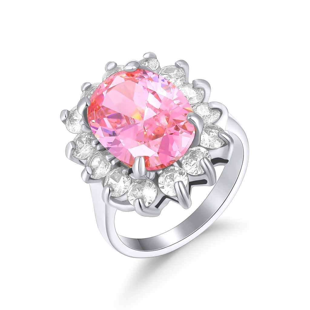 Elegant Stainless Steel Ring with Pink Gemstone and Crystal Halo
