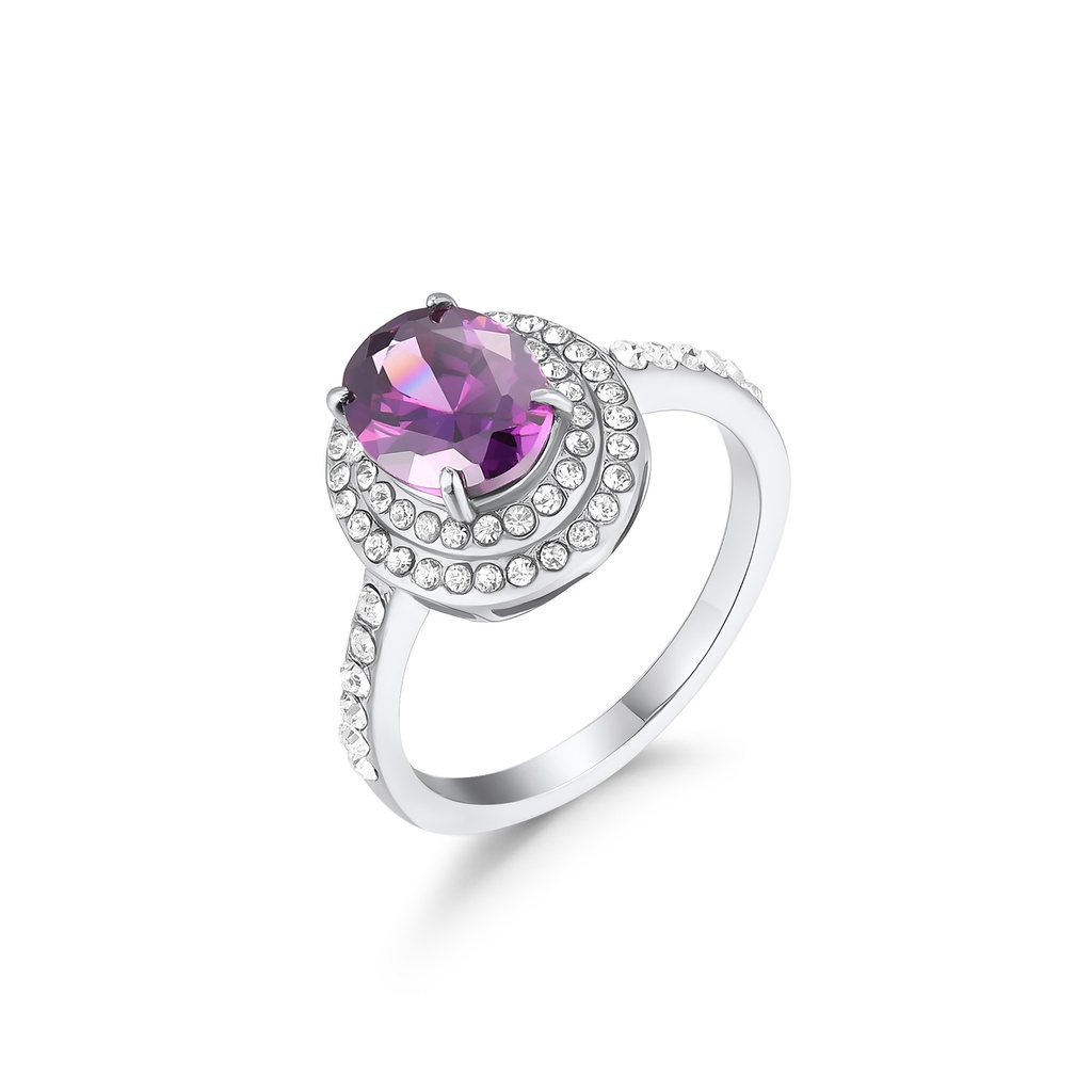 Elegant Stainless Steel Ring with Purple Crystal and CZ Accents