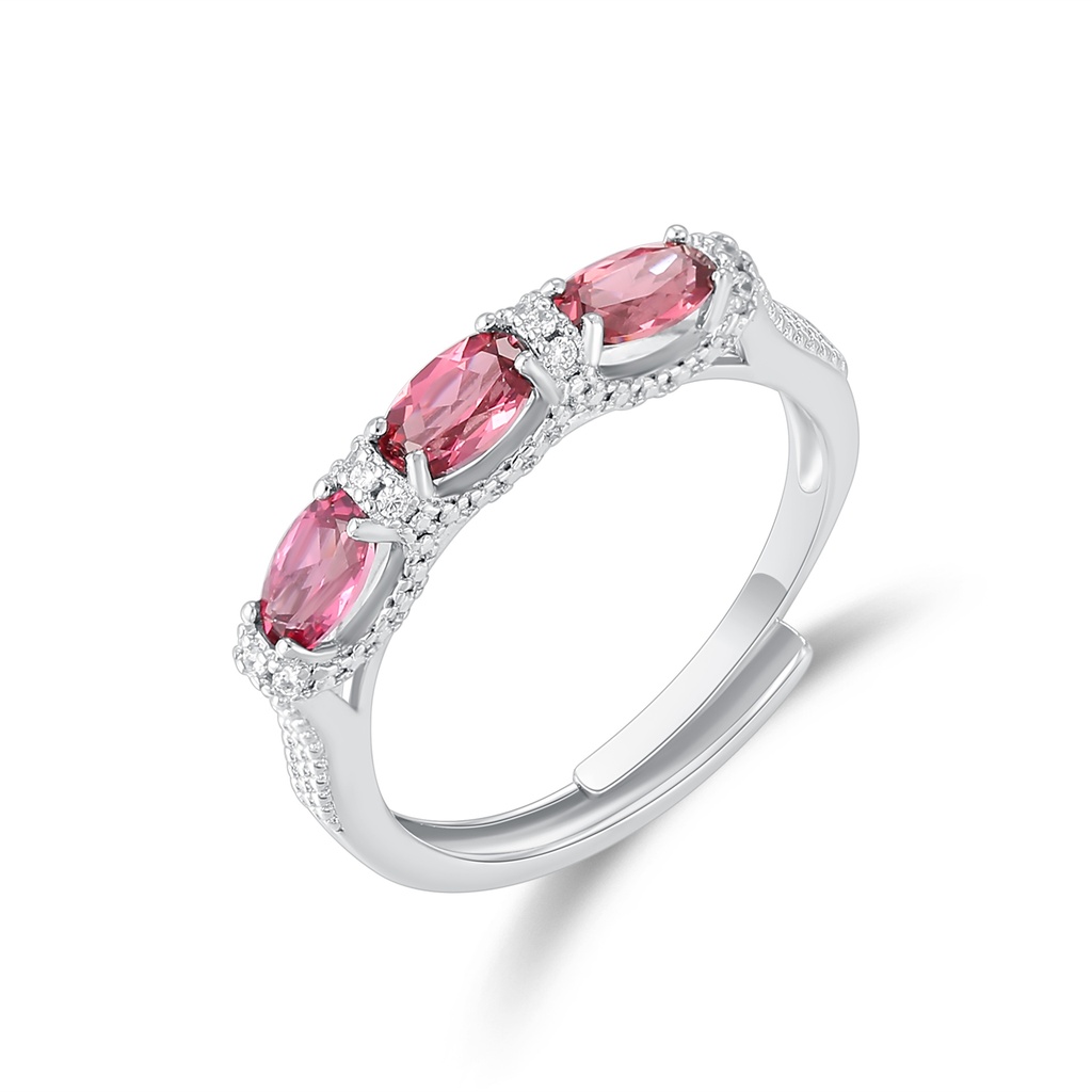 Elegant Stainless Steel Ring with Three Pink Oval Crystals
