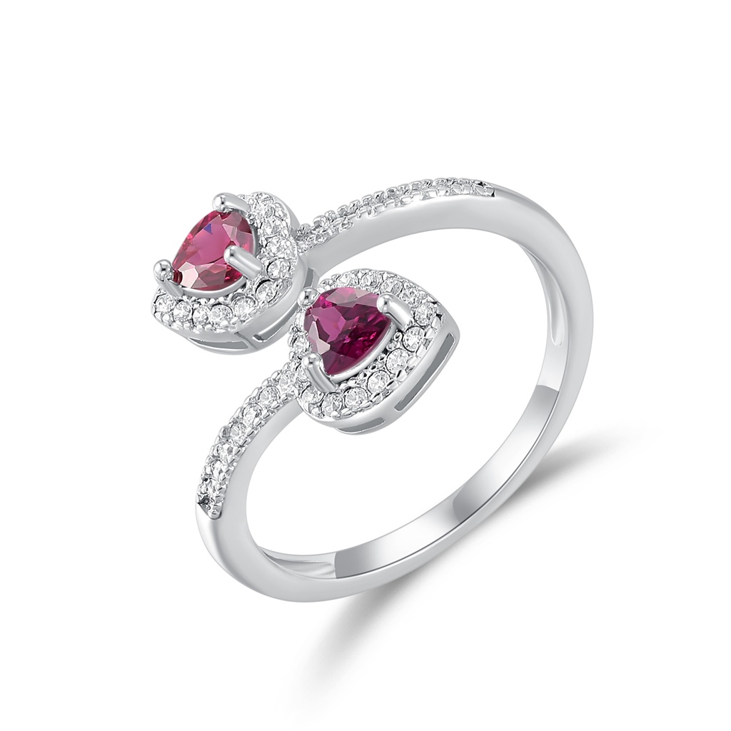 Elegant Stainless Steel Ring with Twin Ruby Heart Accents