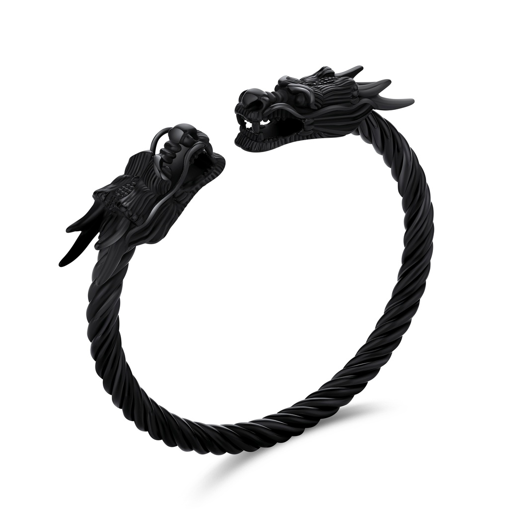 [DJ01B0094] Black Stainless Steel Dragon Head Cuff Bracelet with Twisted Rope Design