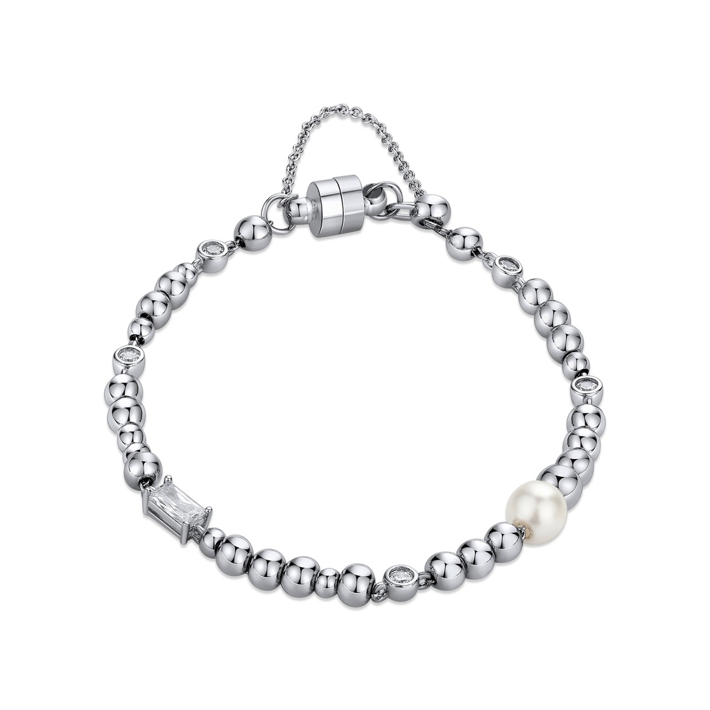 Elegant Steel Bead Bracelet with Pearl and Gemstones