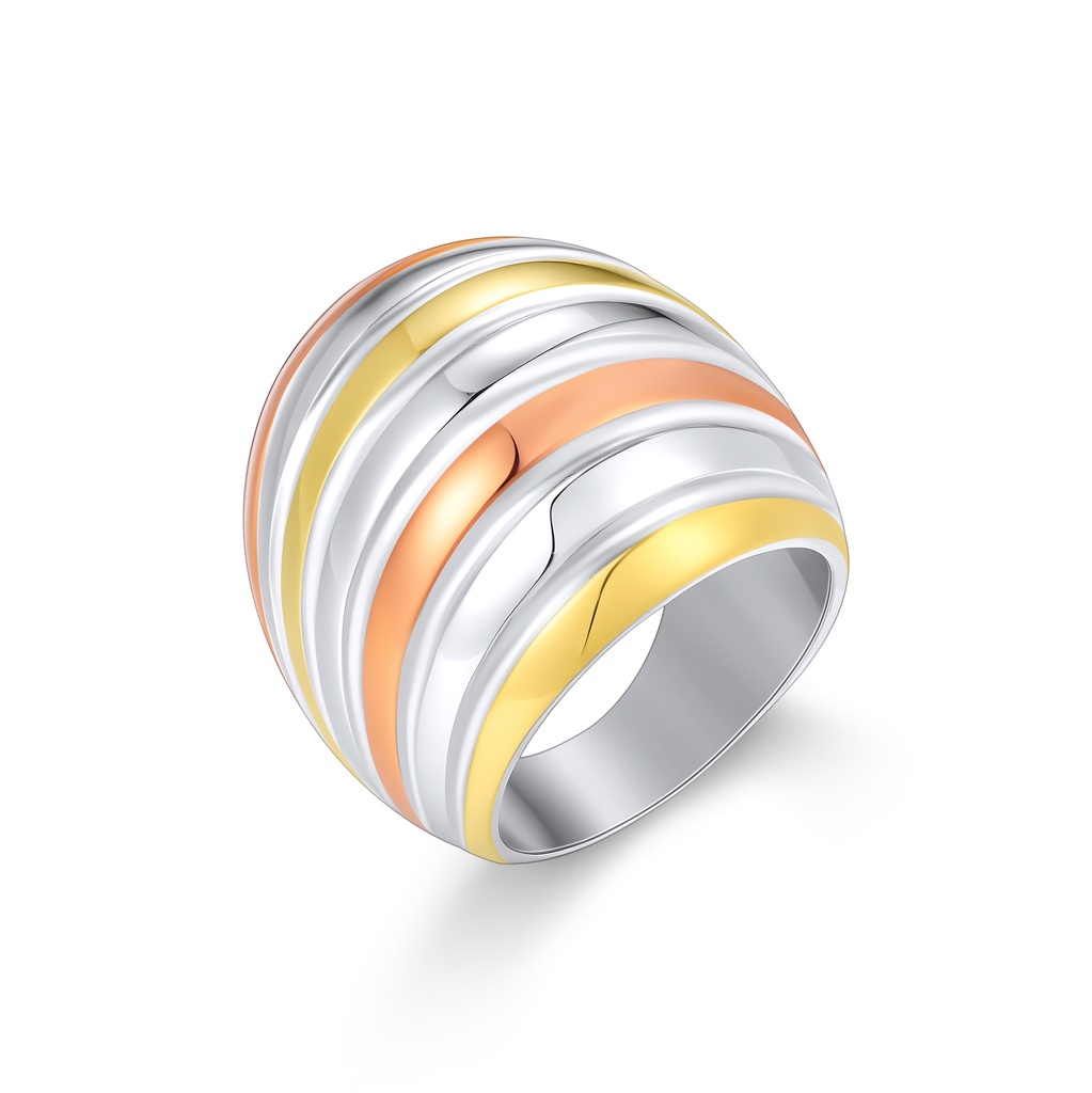 Elegant Tri-Tone Stainless Steel Wave Pattern Statement Ring