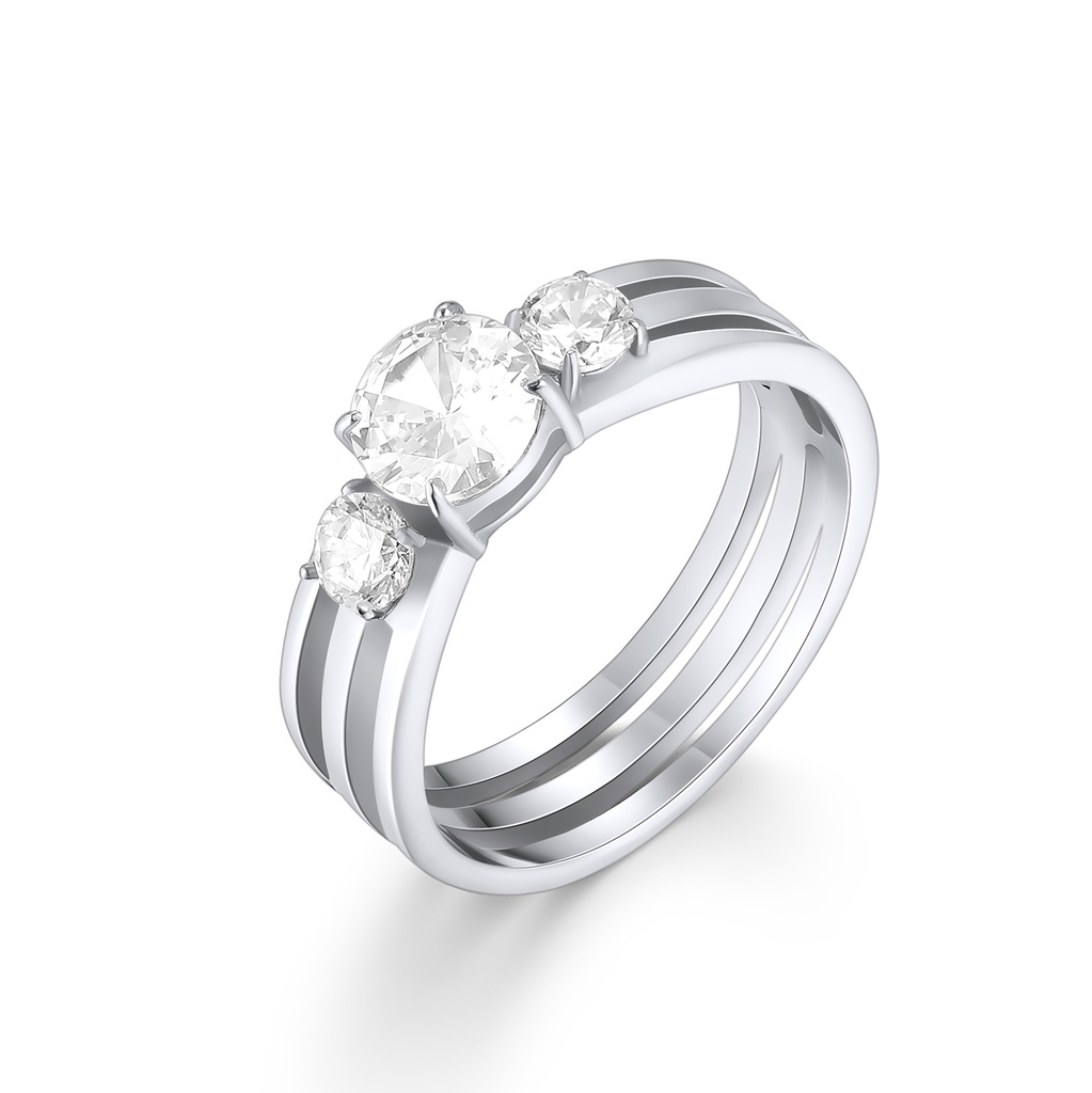 Elegant Triple-Band Stainless Steel Ring with Three Sparkling Stones