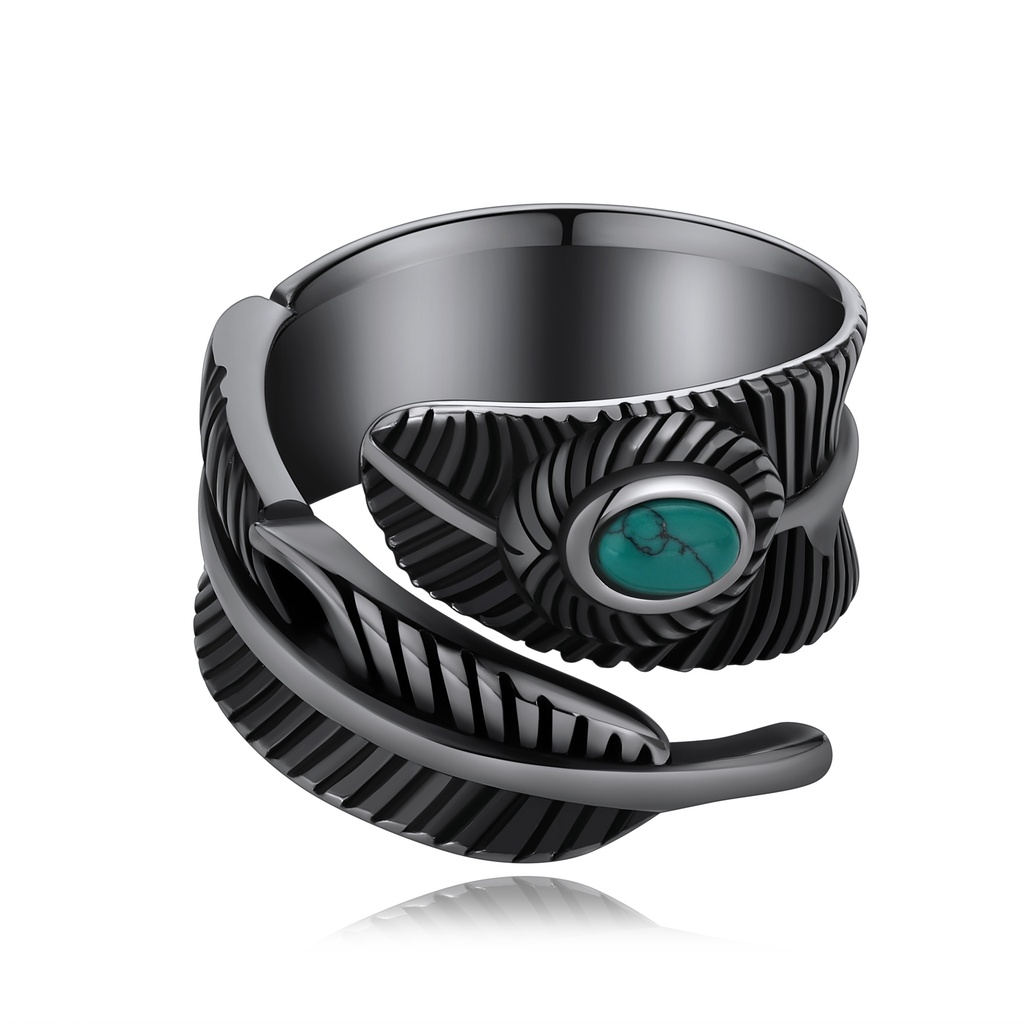[DJ01R0069] Black Stainless Steel Feather Ring with Turquoise Accent